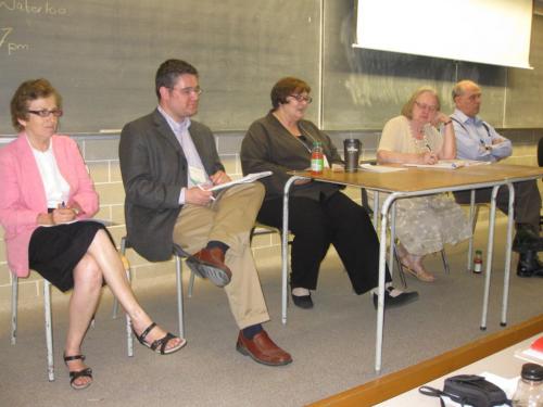 Panel at U of Waterloo 2012 conference, from the right Prof. Nandor Dreisziger, Dr. Eniko Basa, Dr. Eva Tomory, Dr. Chris Adam, Prof. Susan Glanz